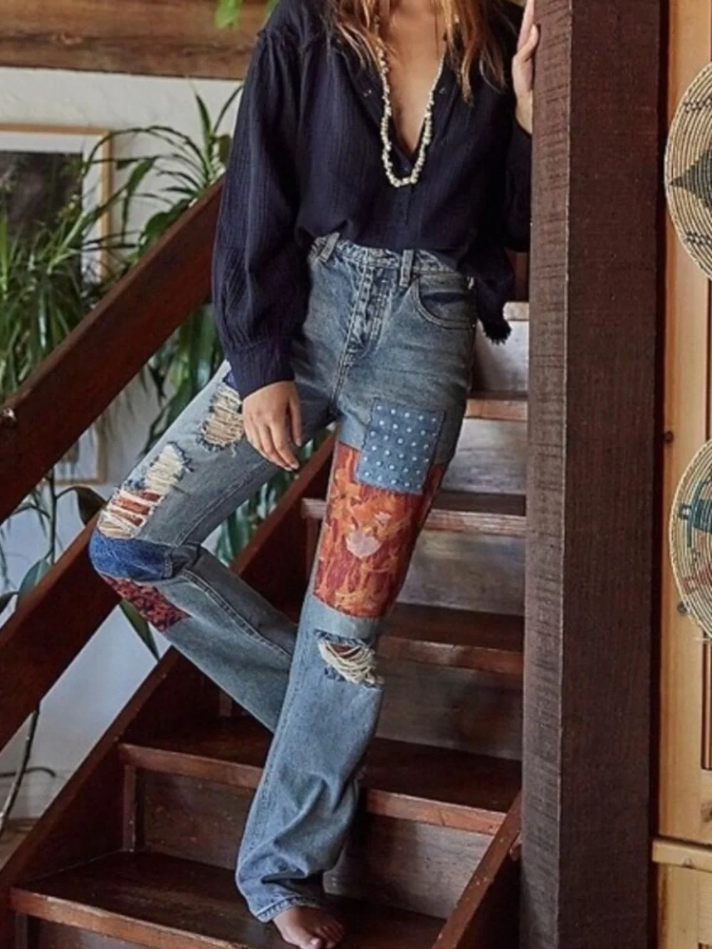 Free People Belladonna Patchwork Bootcut Jeans Size 31